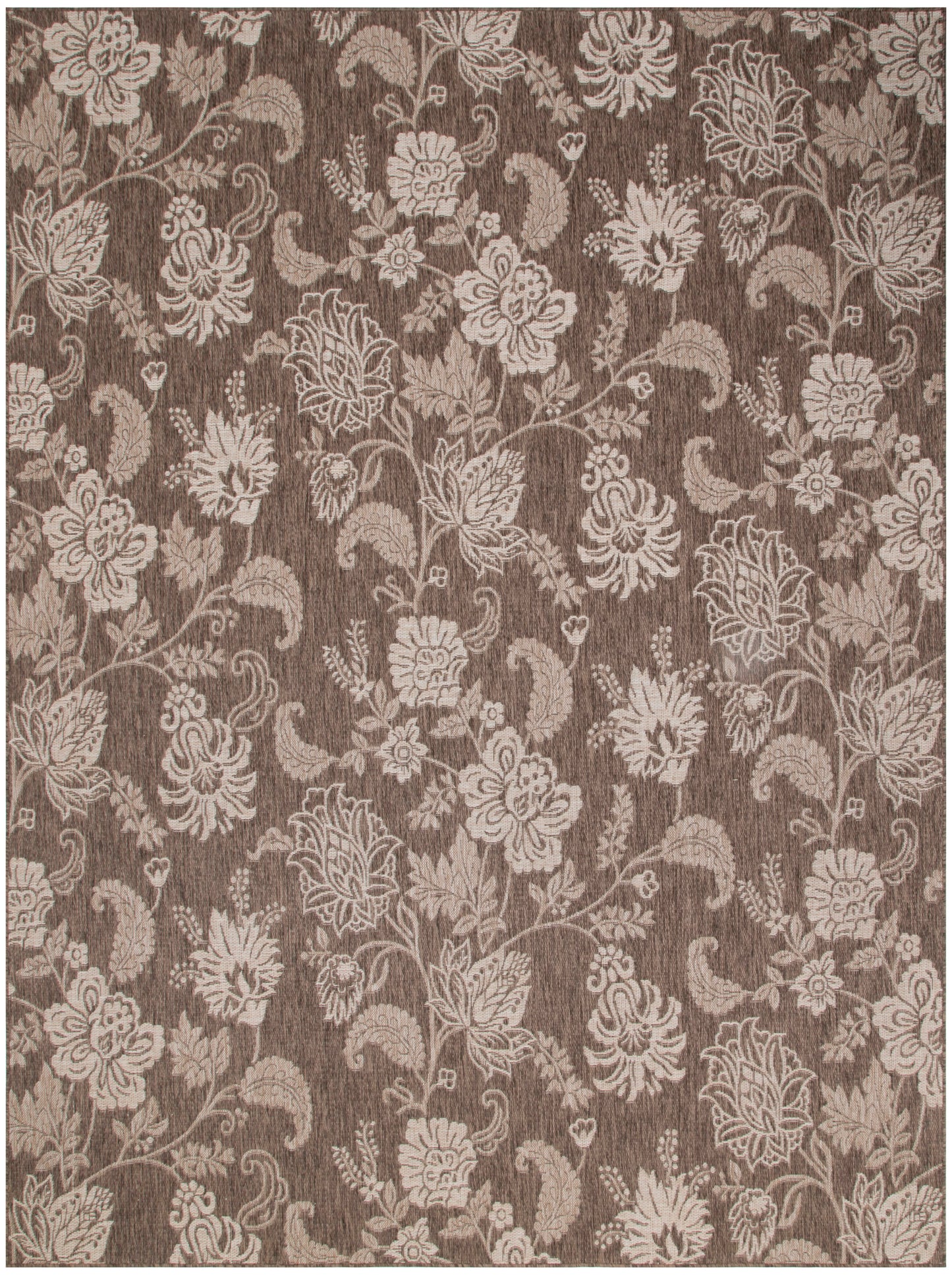 Brown damask floral pattern rug with cream flowers and scrolling vines; vintage upholstery style.