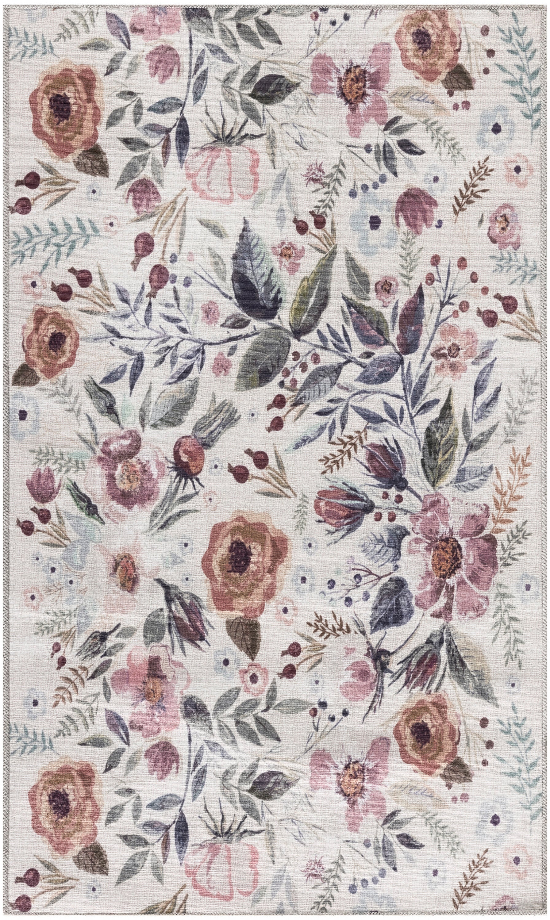 Pastel floral area rug with pink, peach and purple blossoms and muted green leaves on light beige background.
