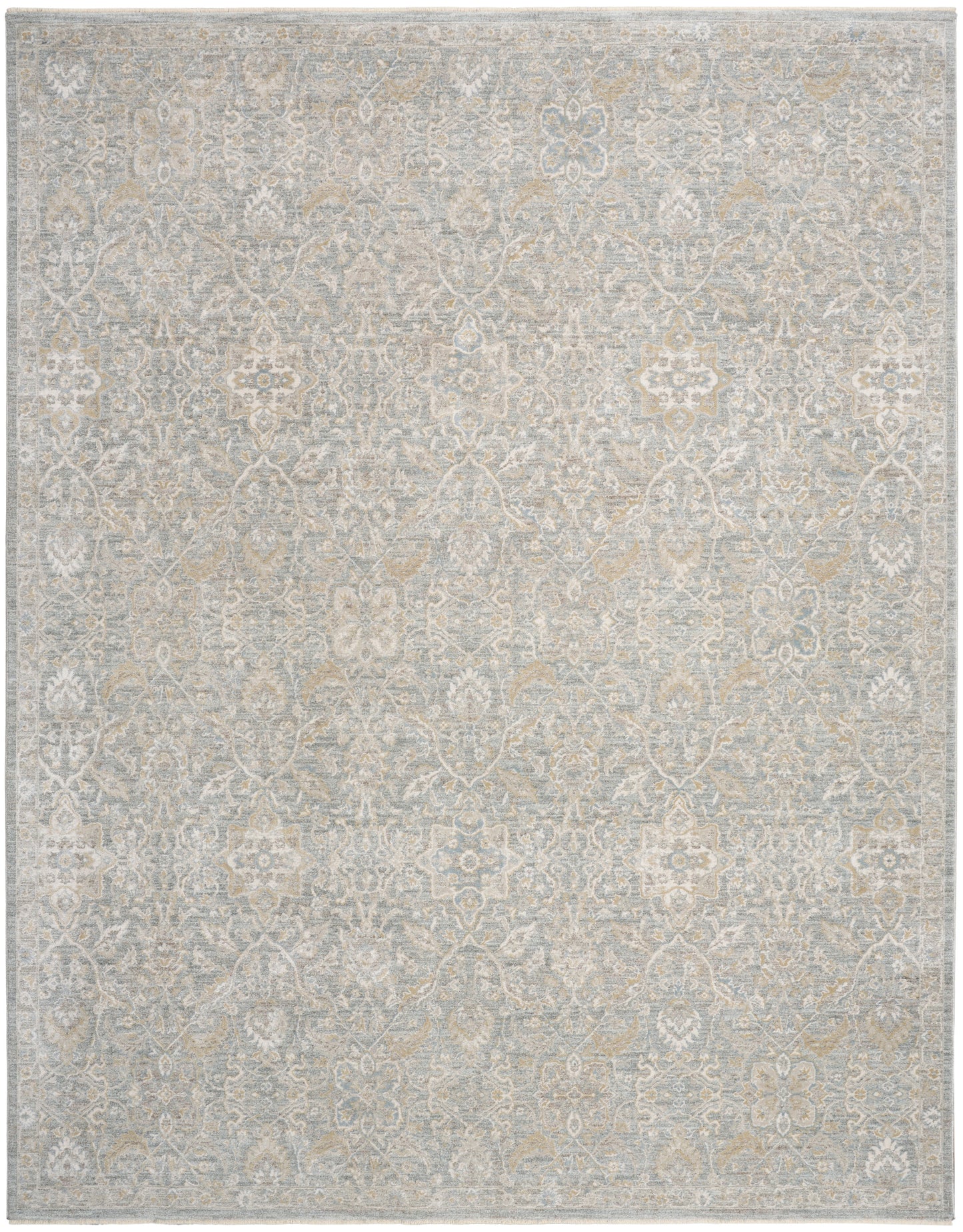 Neutral-toned vintage-style rug with Persian-inspired floral medallions in beige, ivory and gray.