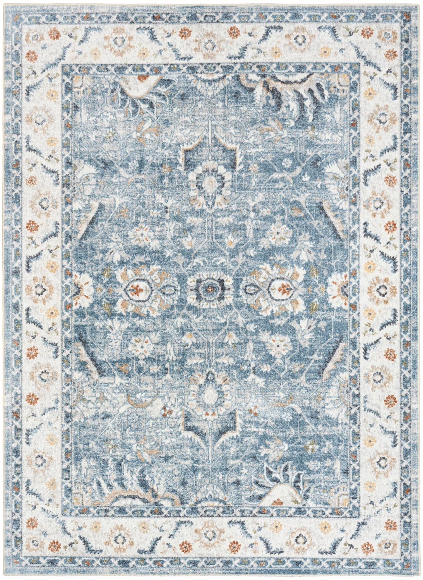 Rectangular blue distressed oriental area rug with ivory floral border and central medallion.
