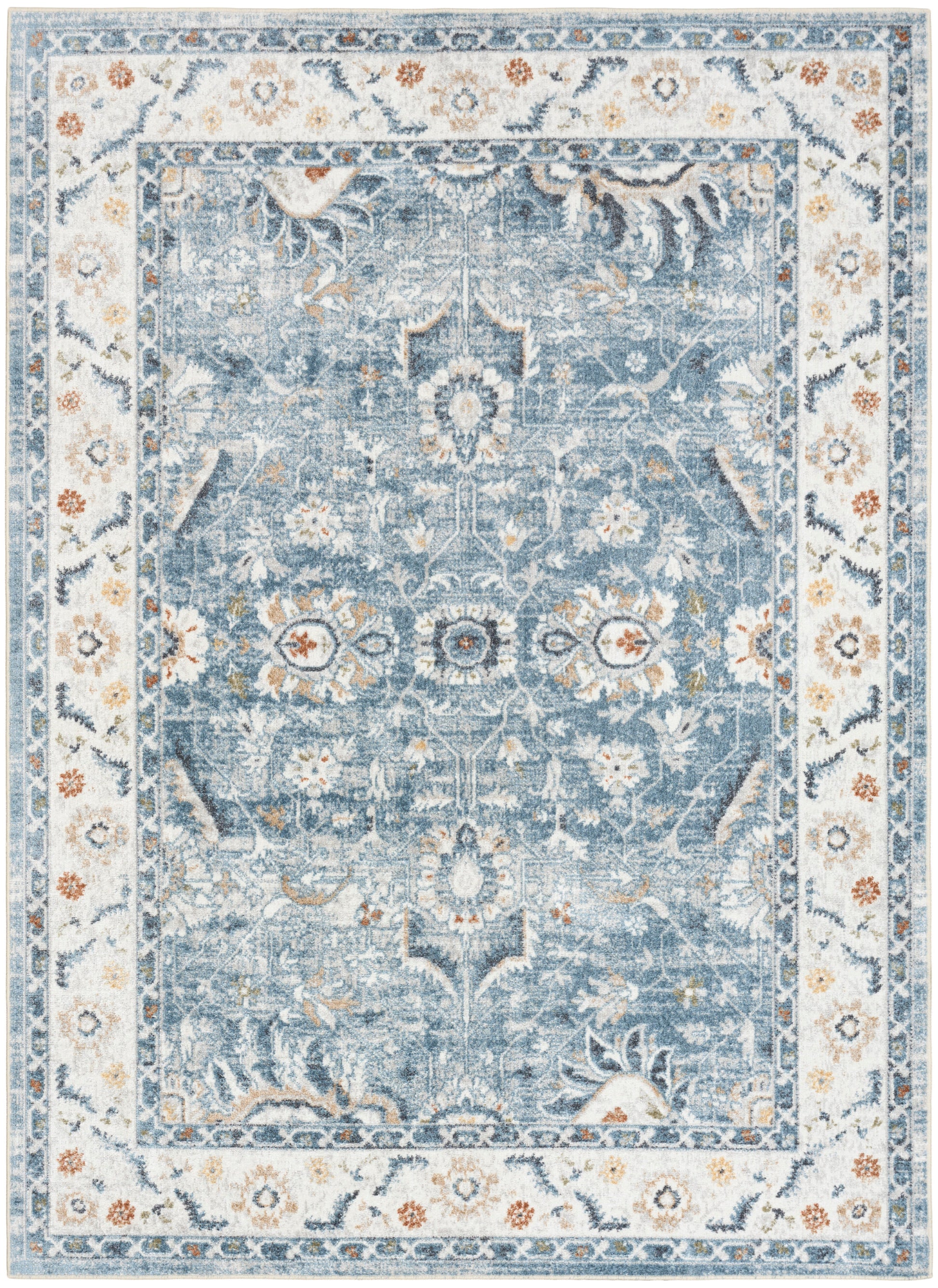 Rectangular blue distressed oriental area rug with ivory floral border and central medallion.