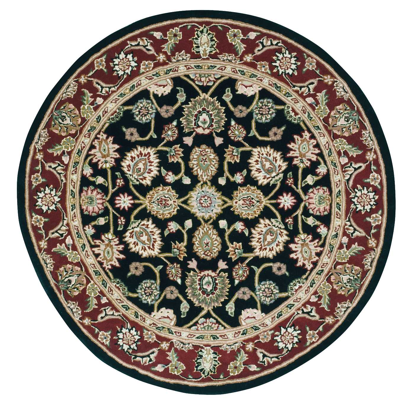 Round Persian-style rug with black central field, ivory and gold floral motifs, deep red border; ideal for living room decor.