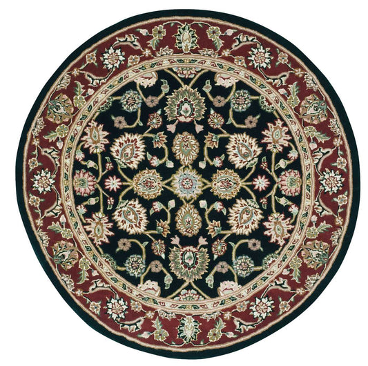 Round Persian-style rug with black central field, ivory and gold floral motifs, deep red border; ideal for living room decor.