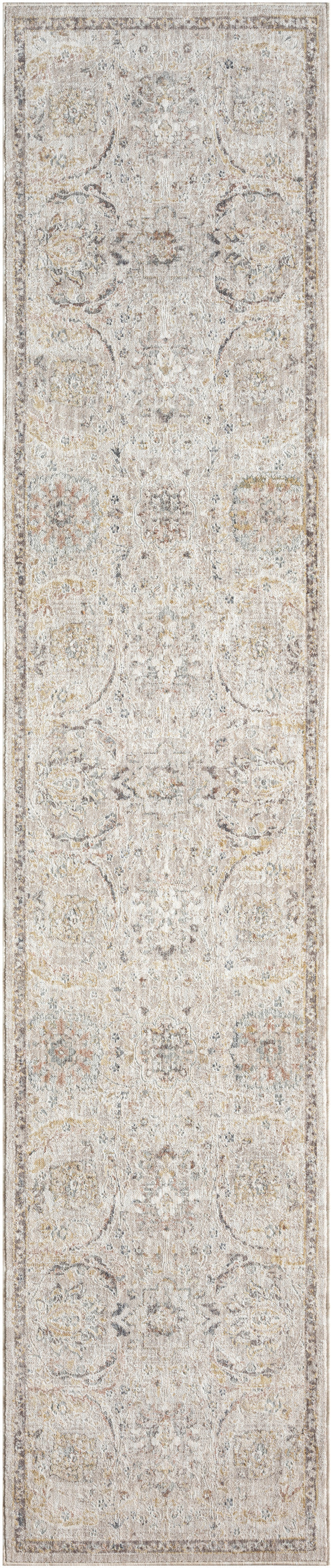 Long beige-gray distressed oriental runner rug with faded floral medallions, soft vintage look ideal for hallways.