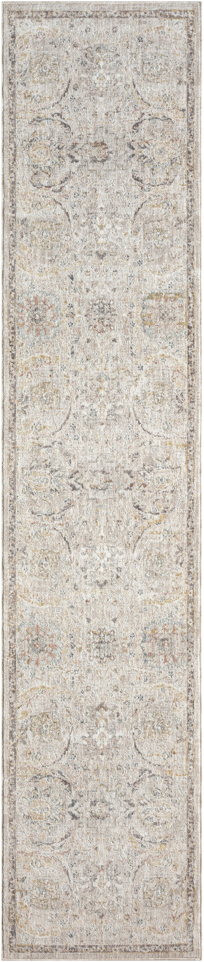 Long beige-gray distressed oriental runner rug with faded floral medallions, soft vintage look ideal for hallways.