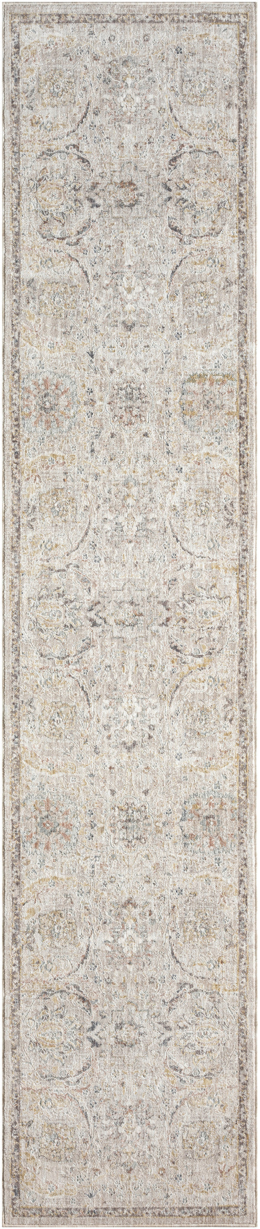Long beige-gray distressed oriental runner rug with faded floral medallions, soft vintage look ideal for hallways.
