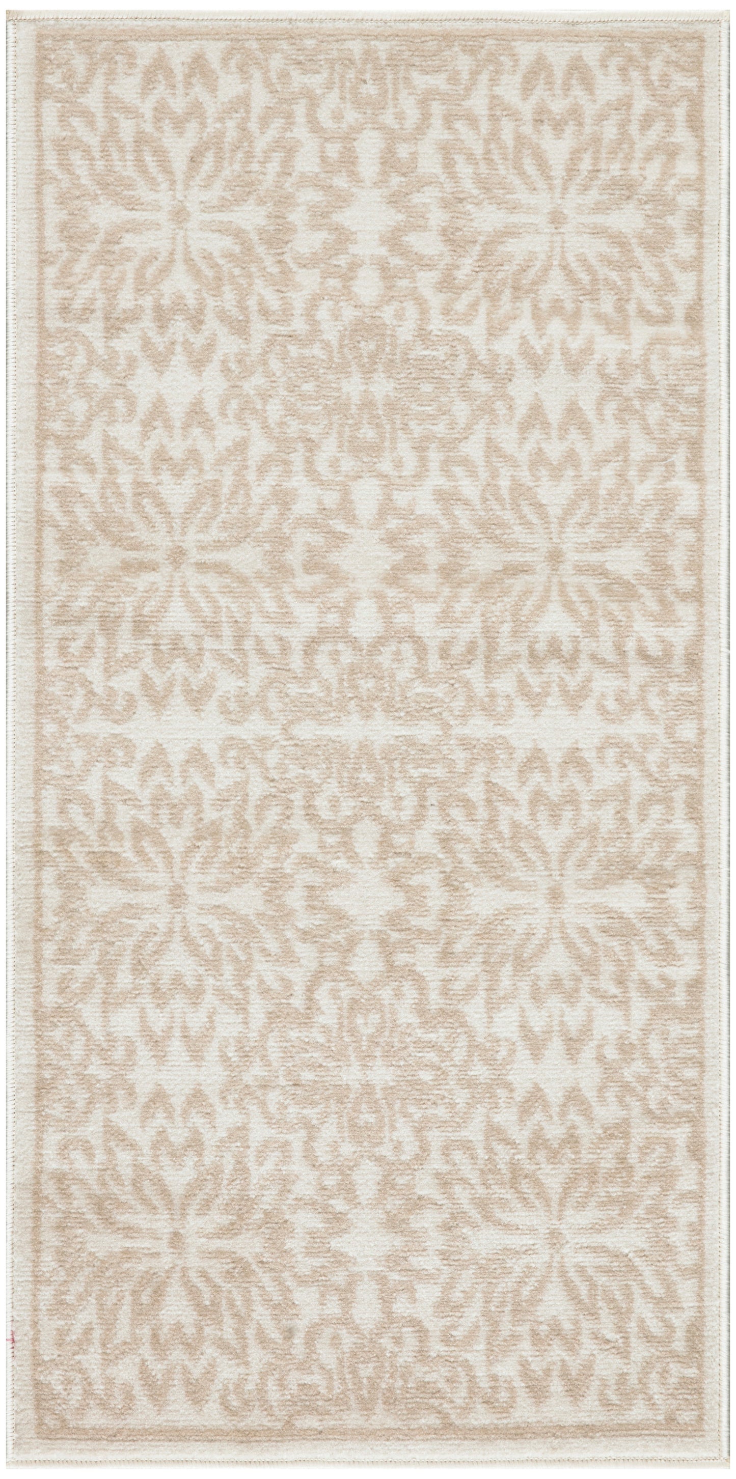 Beige and ivory damask patterned area rug; soft woven texture, rectangular with subtle fringe border.