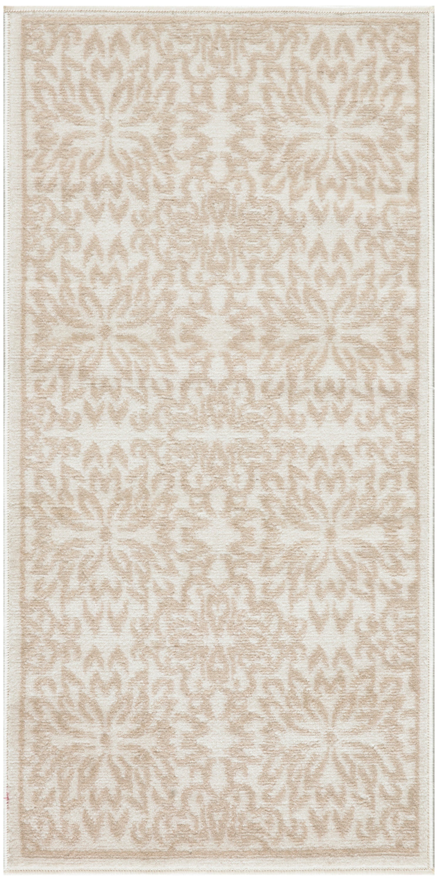 Beige and ivory damask patterned area rug; soft woven texture, rectangular with subtle fringe border.