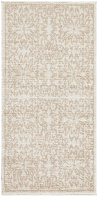 Beige and ivory damask patterned area rug; soft woven texture, rectangular with subtle fringe border.