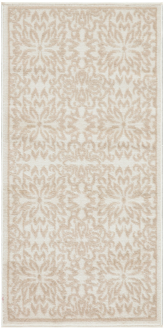 Beige and ivory damask patterned area rug; soft woven texture, rectangular with subtle fringe border.