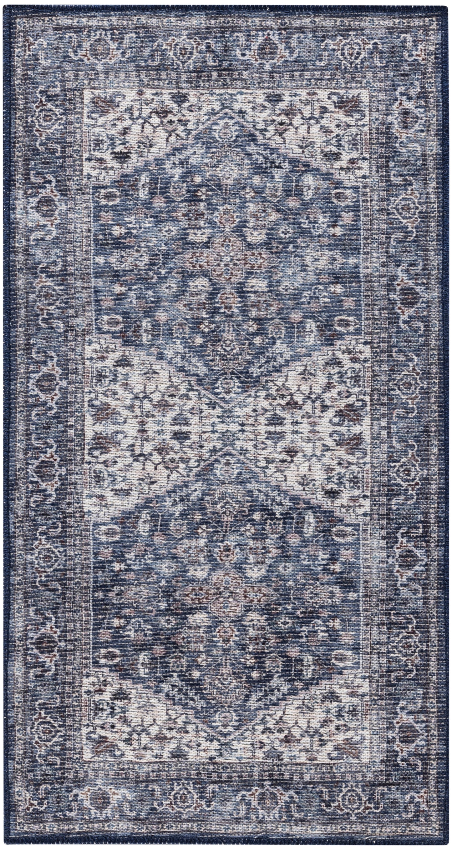 Rectangular blue-toned oriental area rug with ivory center, intricate floral medallion and ornate navy border.