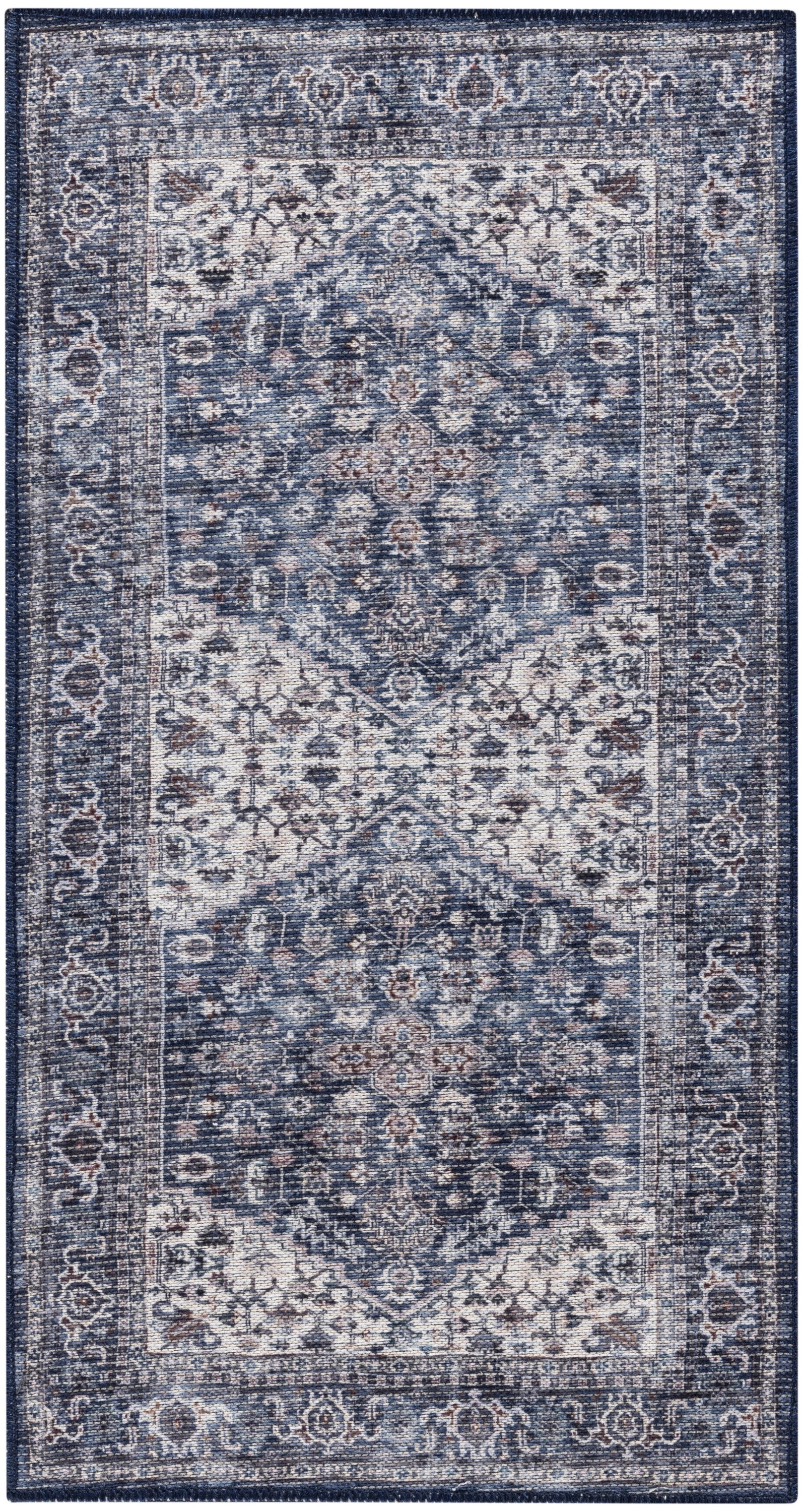 Rectangular blue-toned oriental area rug with ivory center, intricate floral medallion and ornate navy border.