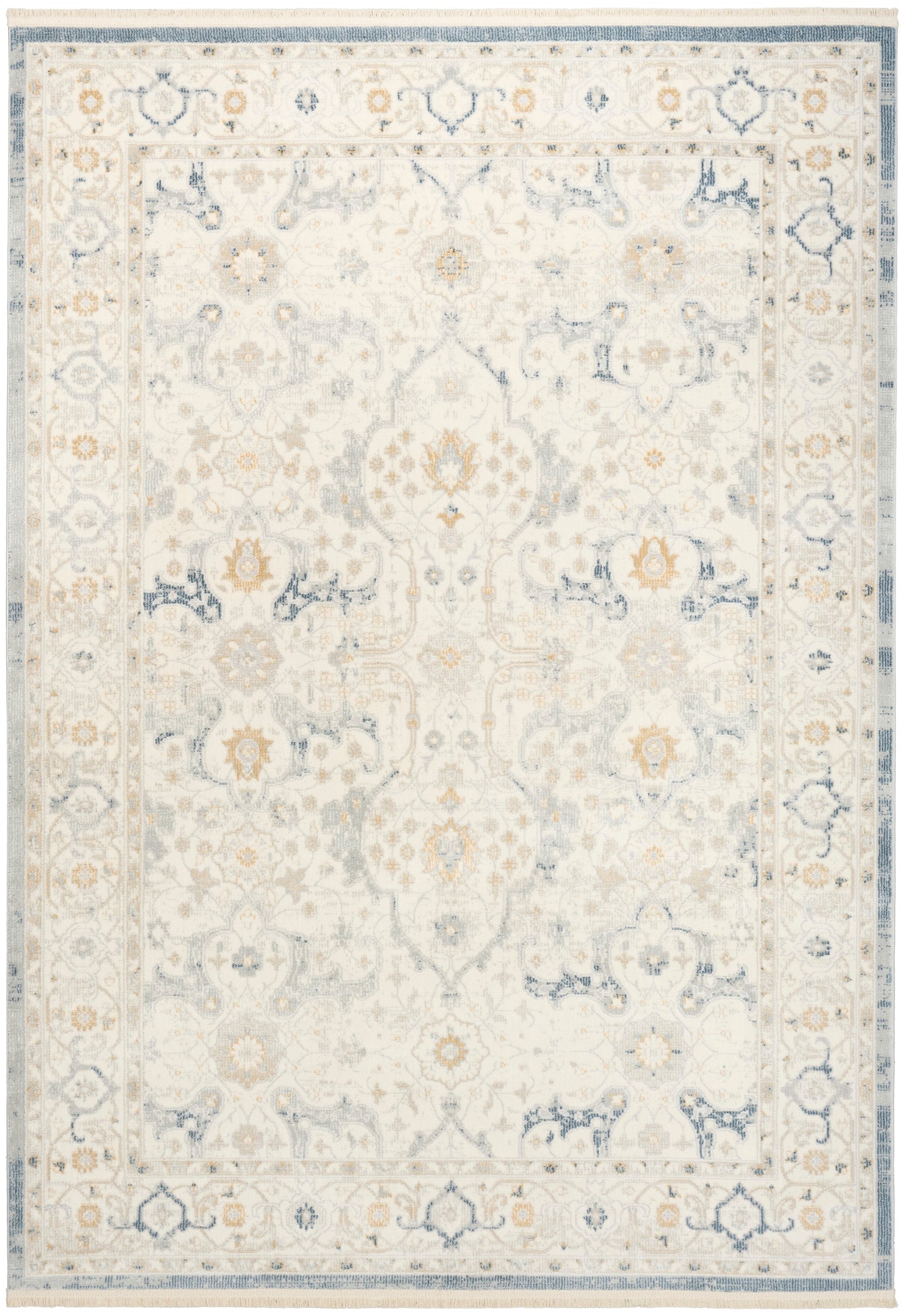 Cream with pale blue and gold-toned floral rug featuring a central medallion and ornate border.