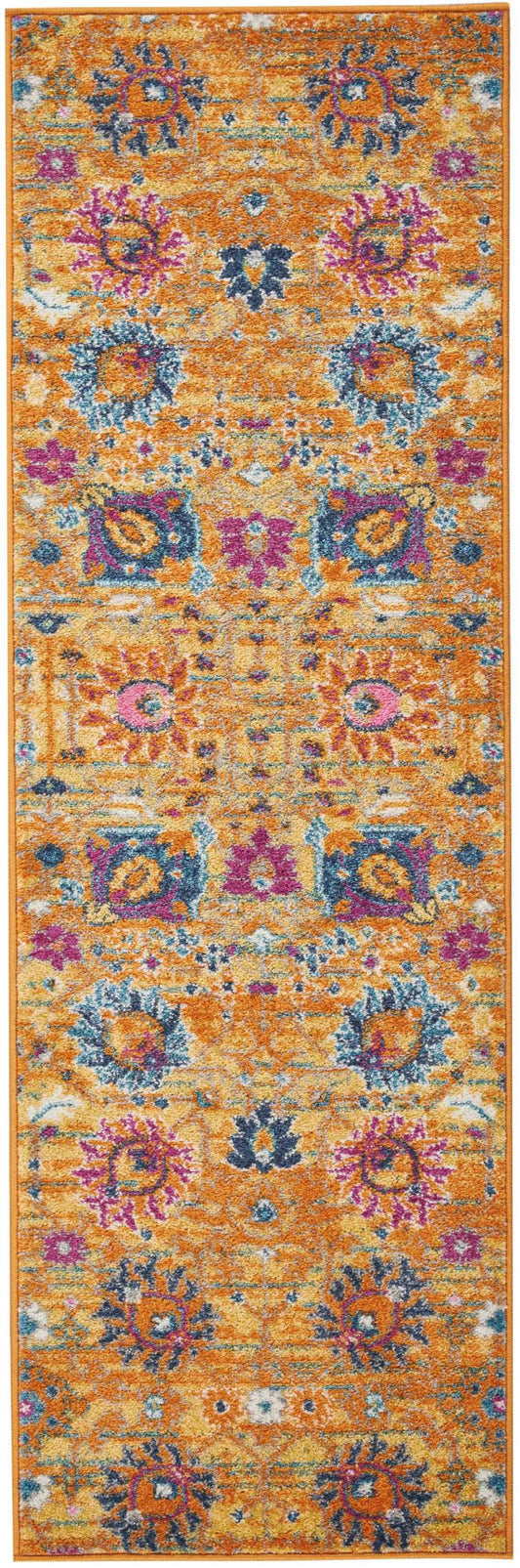 Orange boho floral runner rug with blue, pink and teal accents; long rectangular with decorative medallions.