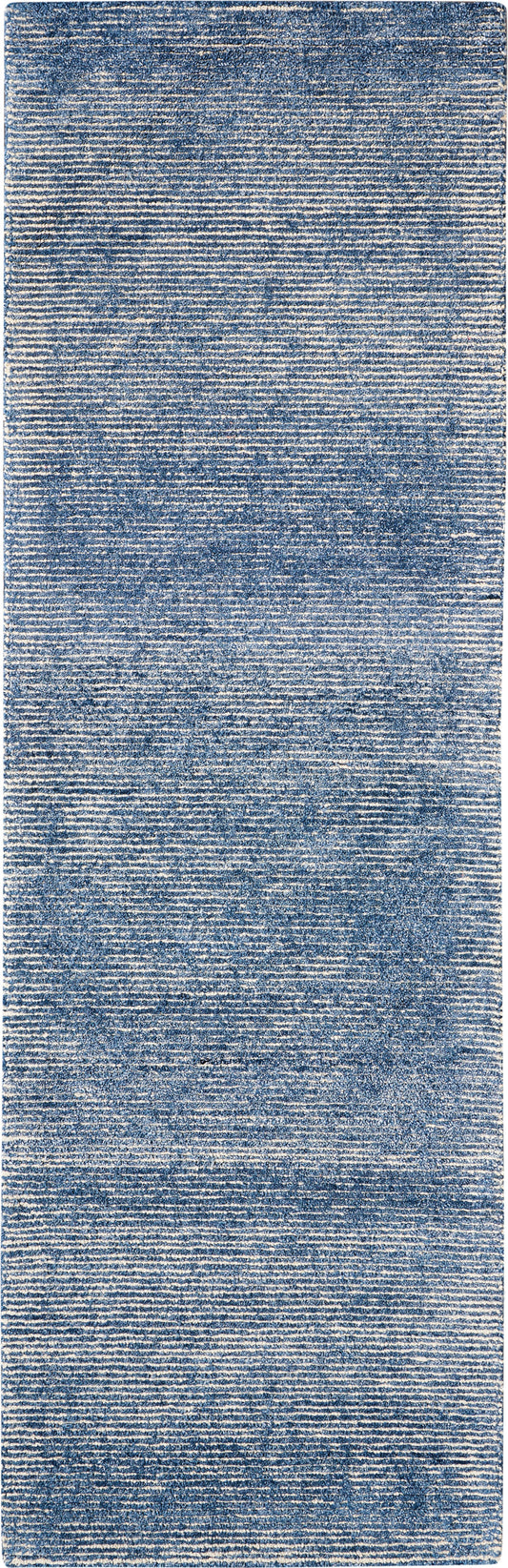 Blue denim-style woven runner rug with distressed texture, casual modern home décor.