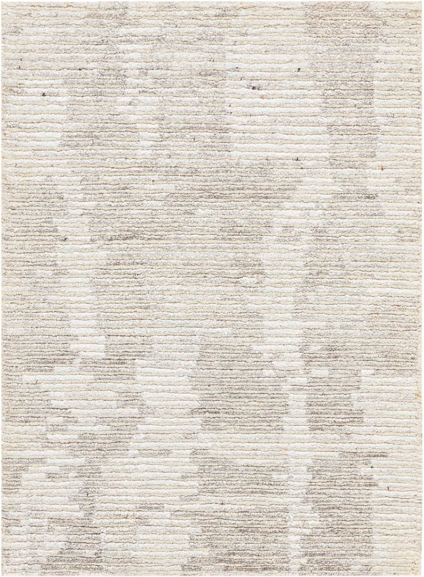 Beige rectangular woven area rug with a subtle taupe abstract pattern; soft, textured, modern neutral decor.