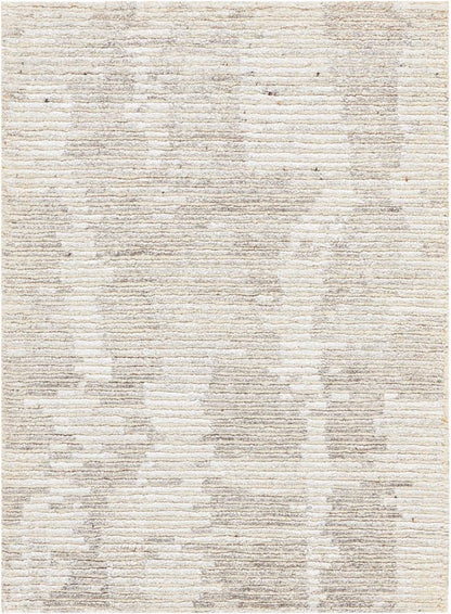 Beige rectangular woven area rug with a subtle taupe abstract pattern; soft, textured, modern neutral decor.