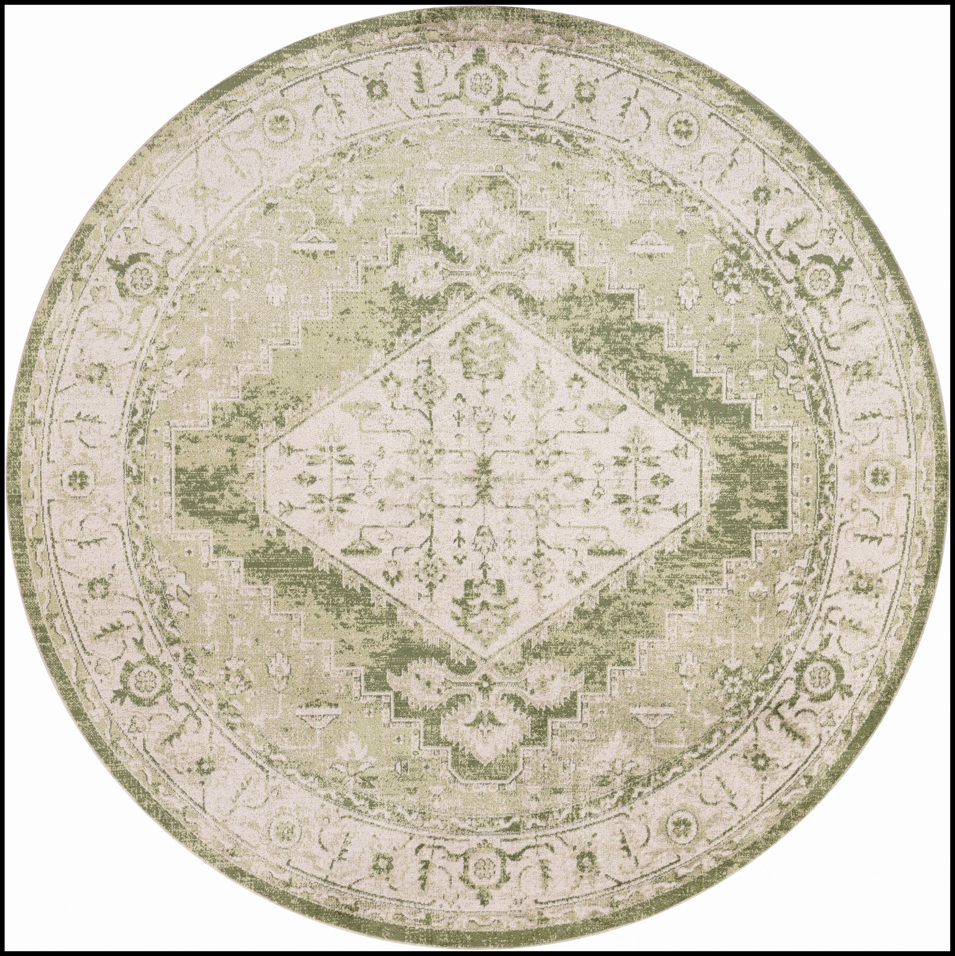 Round vintage-style rug in muted olive and beige tones with a central diamond medallion and intricate floral border.