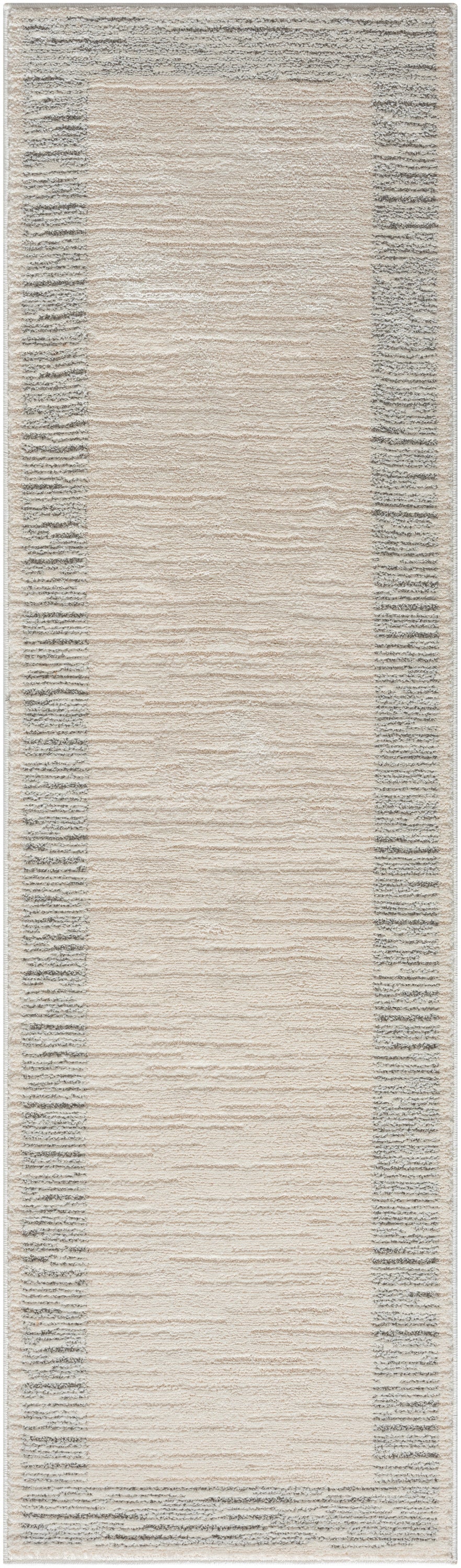 Beige textured runner rug with a gray border; 8' long, Scandinavian-style, rectangular hallway decor.