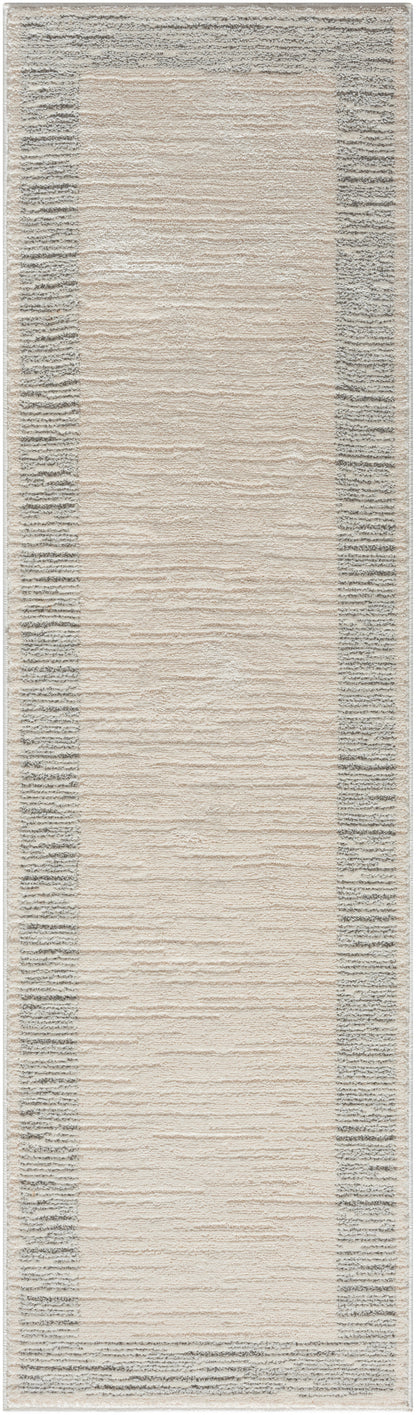 Beige textured runner rug with a gray border; 8' long, Scandinavian-style, rectangular hallway decor.