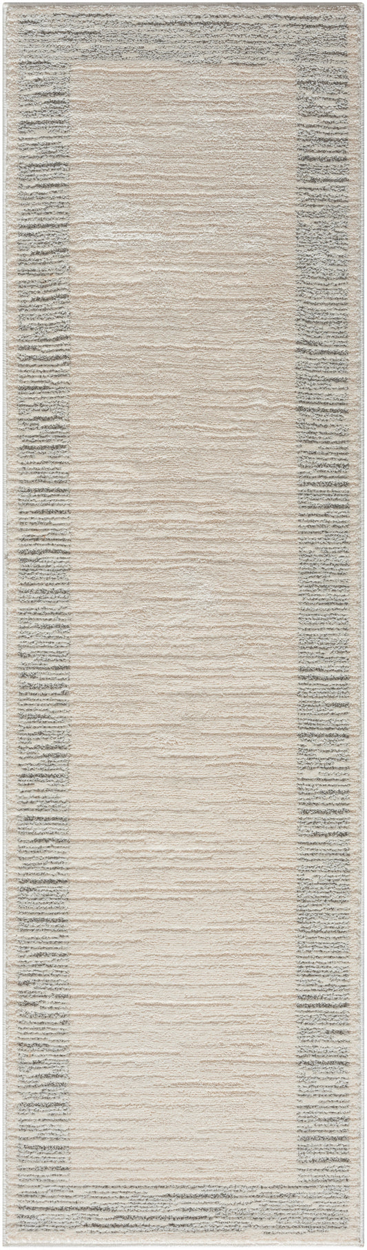 Beige textured runner rug with a gray border; 8' long, Scandinavian-style, rectangular hallway decor.