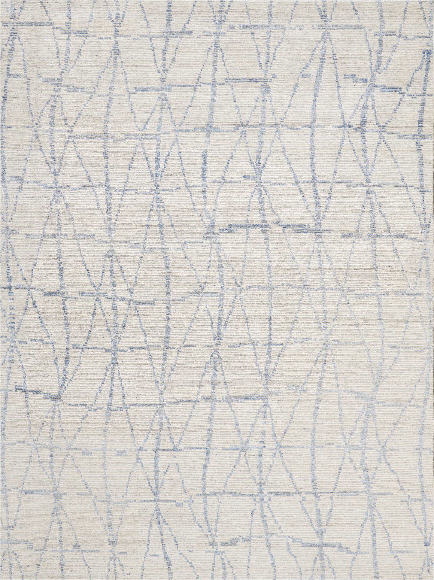 Cream textured rug with a pale blue geometric lattice pattern of diamonds and lines.