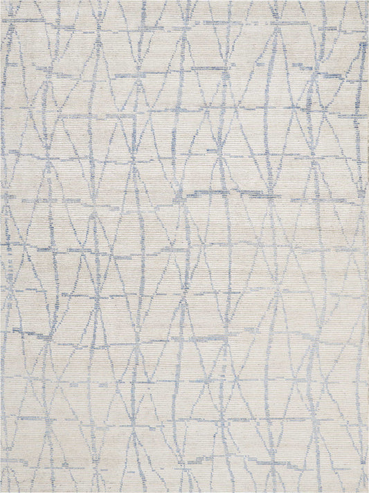 Cream textured rug with a pale blue geometric lattice pattern of diamonds and lines.