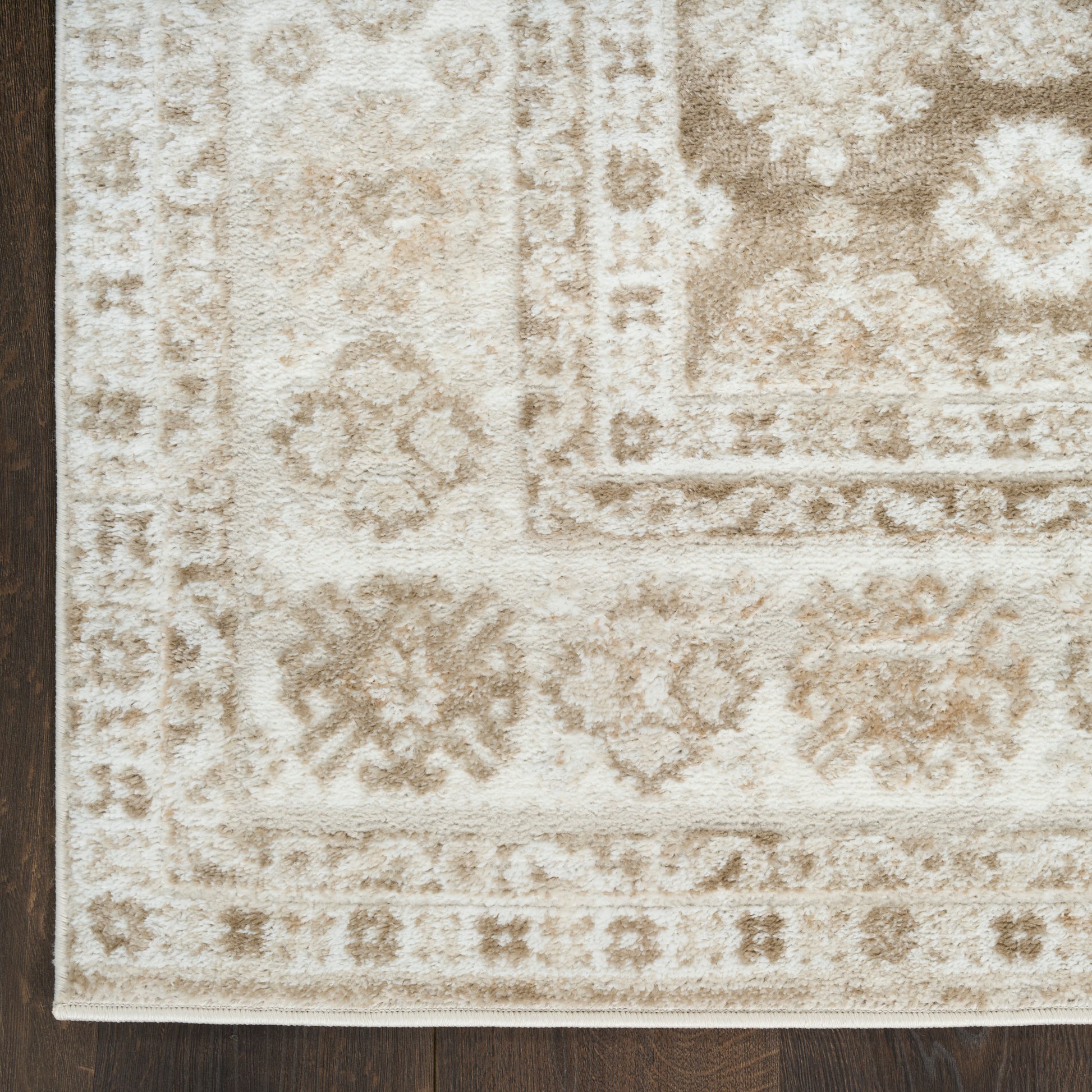 Cream & beige oriental area rug with distressed floral medallions & bordered motif on dark wood floor.
