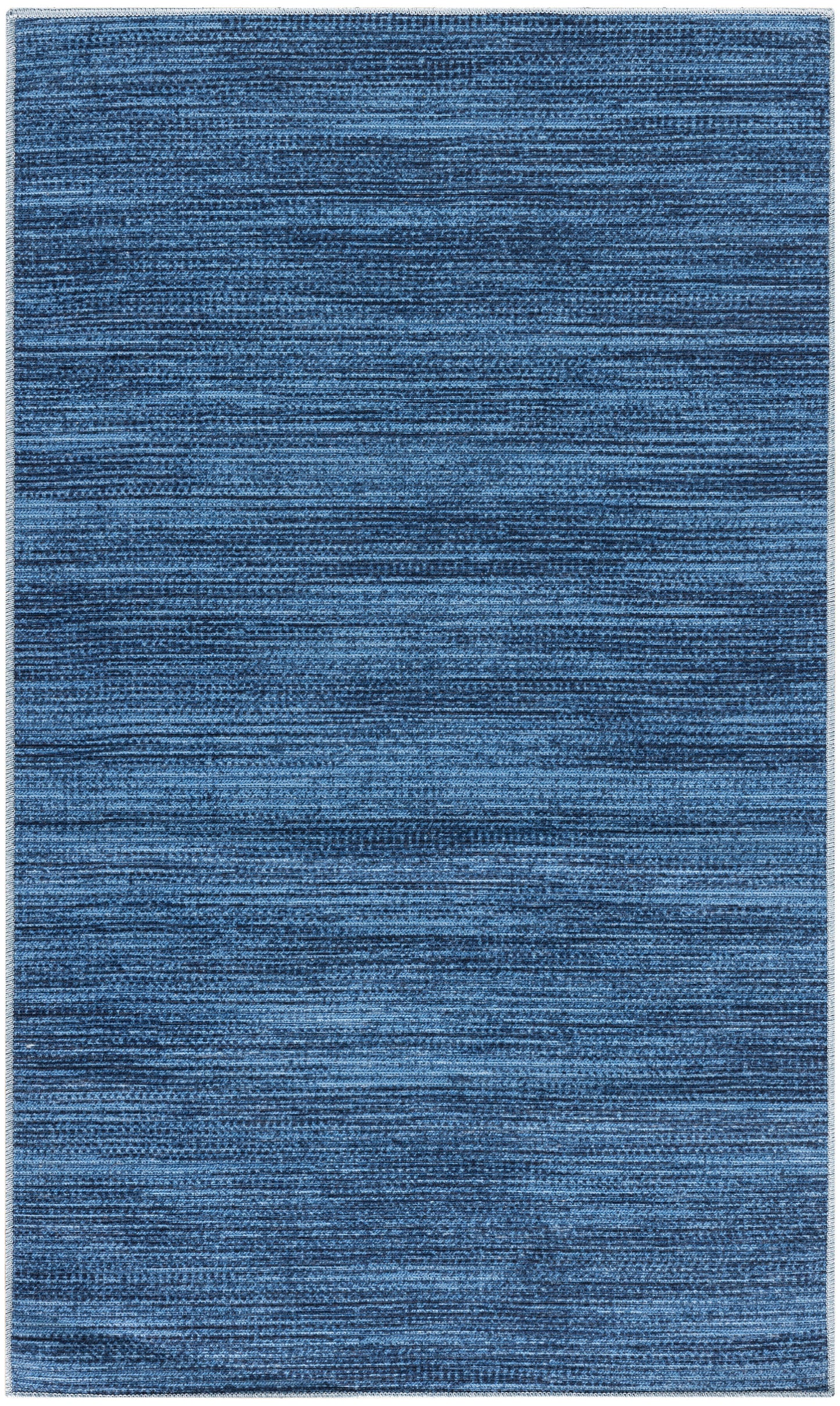 Rectangular blue woven rug with subtle horizontal tonal stripes and soft textured surface; contemporary home flooring.