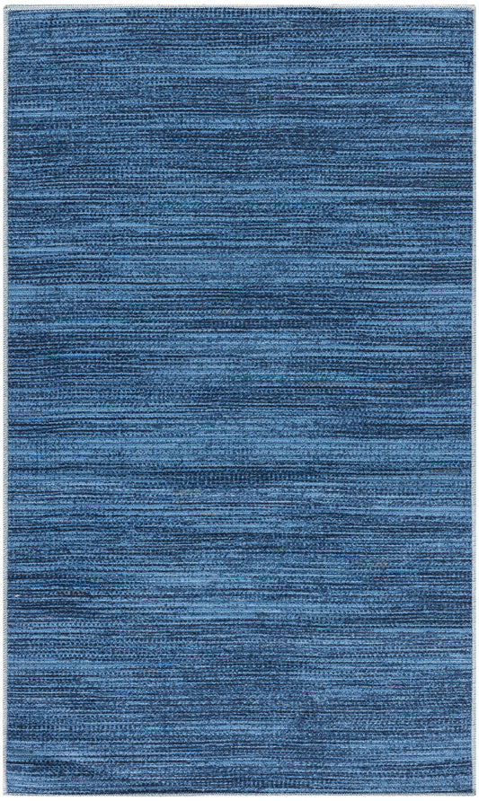 Rectangular blue woven rug with subtle horizontal tonal stripes and soft textured surface; contemporary home flooring.