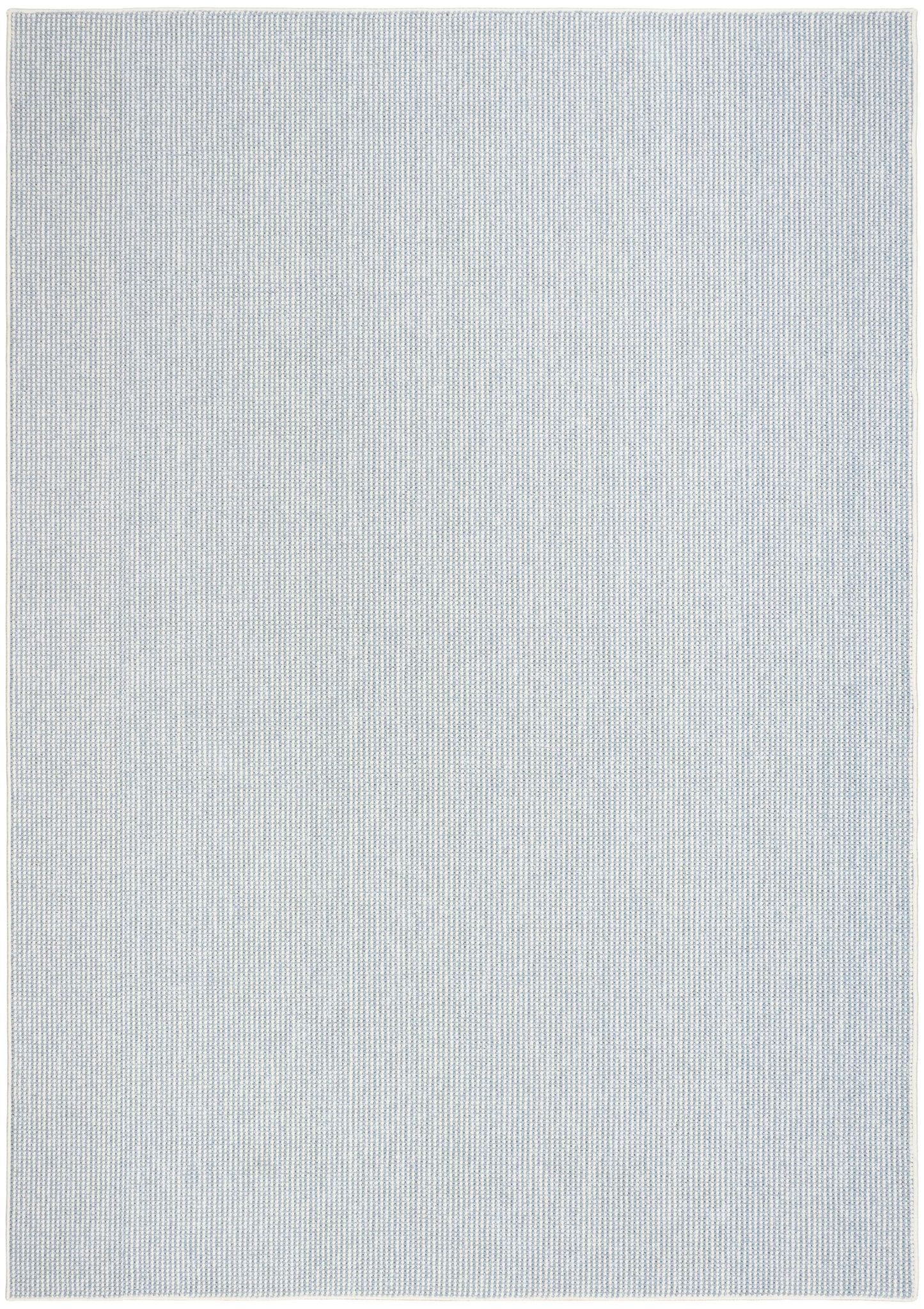 Light blue-gray woven rug with tiny grid texture and light border, rectangular.