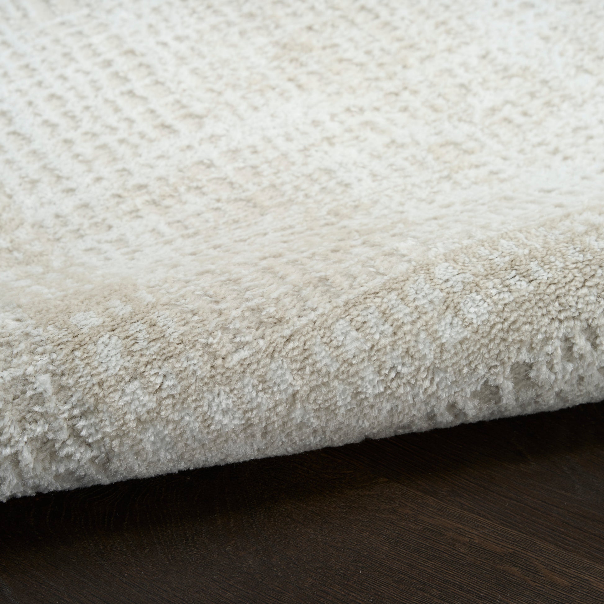 Cream shag rug with dense plush pile on dark wood floor; soft, cozy, modern style.