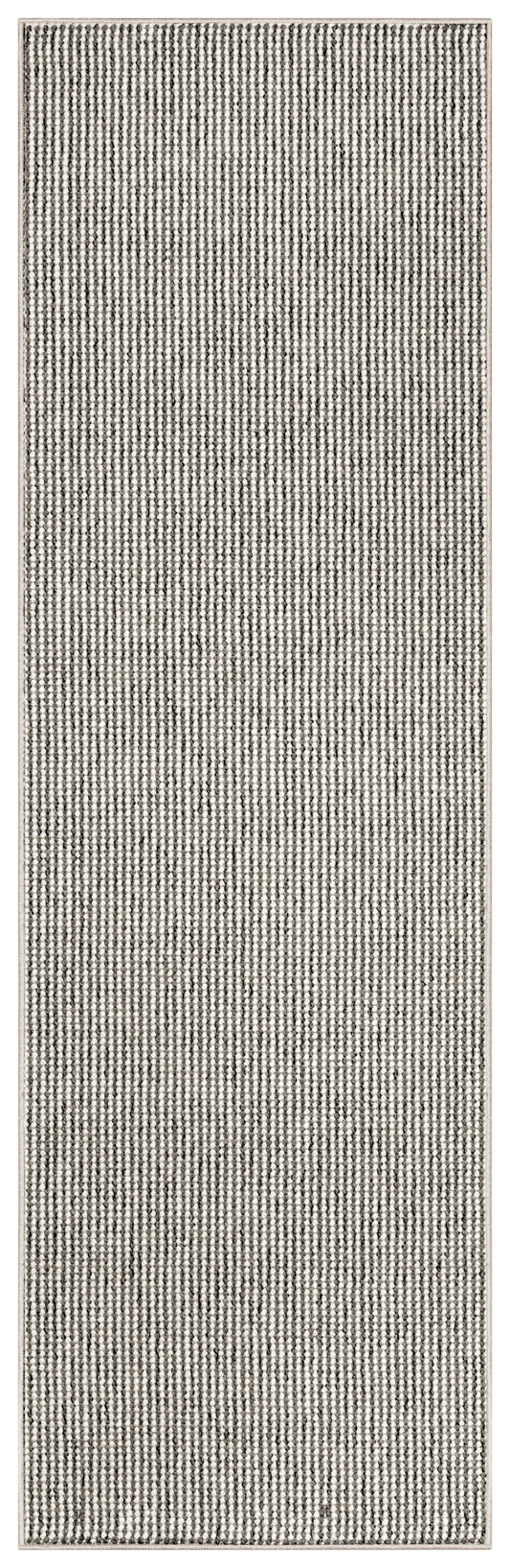 Neutral woven runner rug with small speckled stripes in black, gray & ivory; textured looped pile & beige edging.