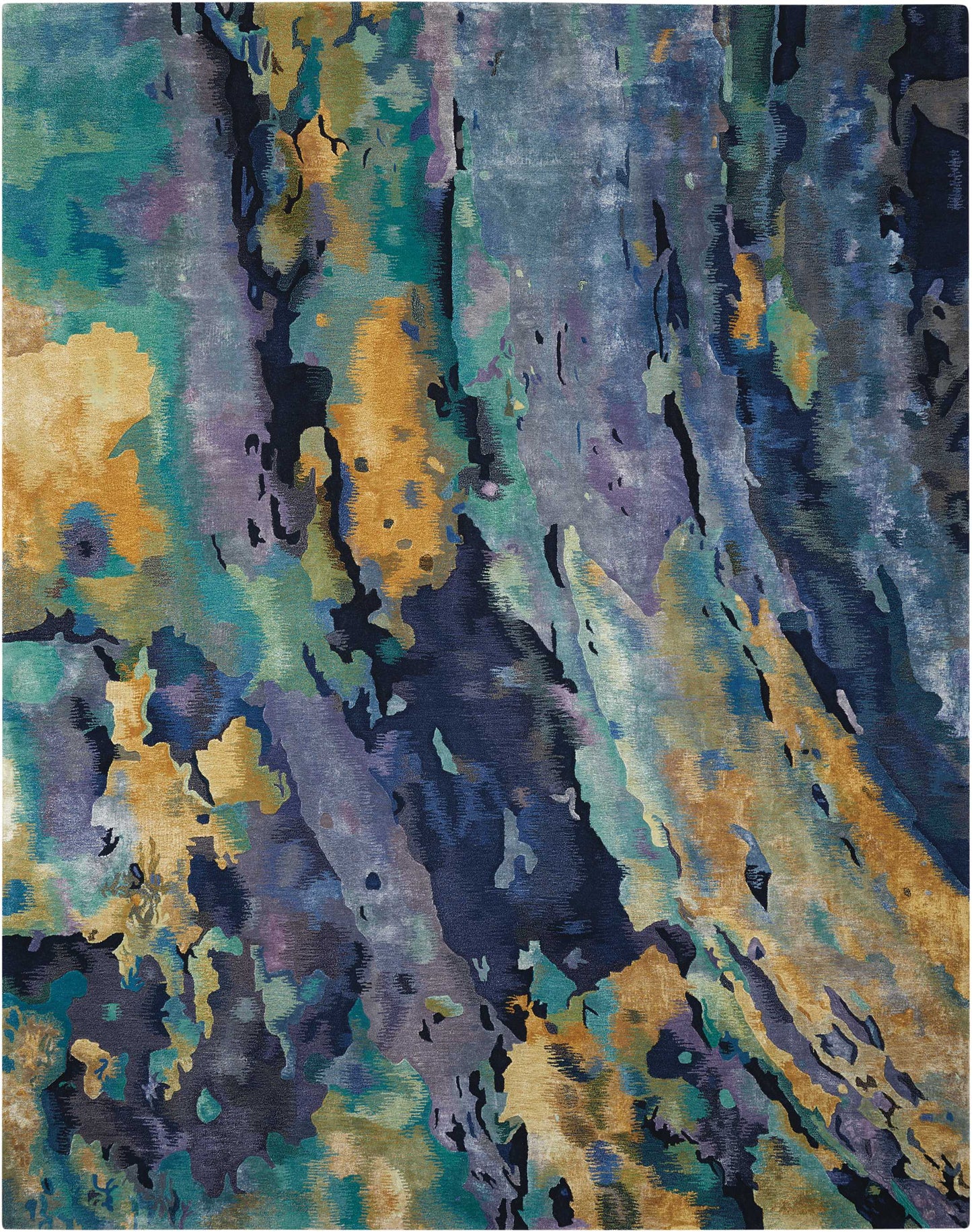 Abstract teal, navy, gold and purple rug with painterly, irregular blotchy pattern; modern decorative floor covering.