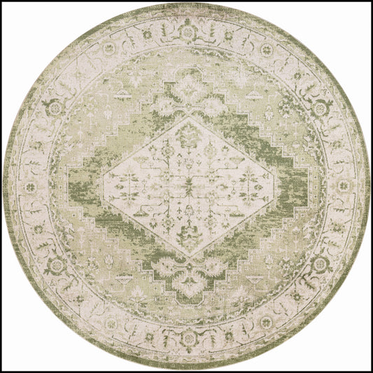 Round oriental rug in sage green and beige with a distressed look, featuring a central diamond medallion and floral border.