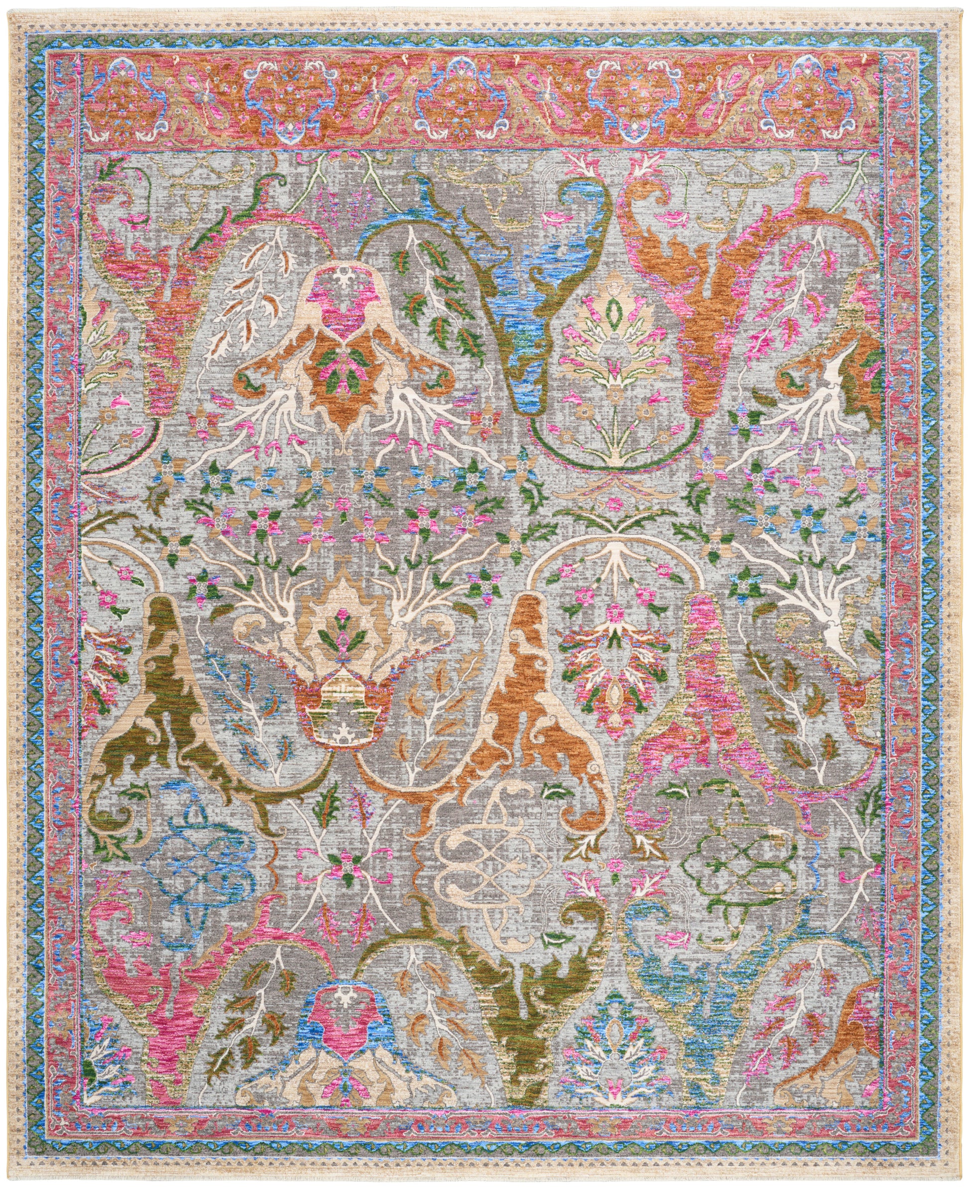 Colorful Persian-inspired area rug with intricate floral vines in blues, pinks, golds on a muted gray field and border.