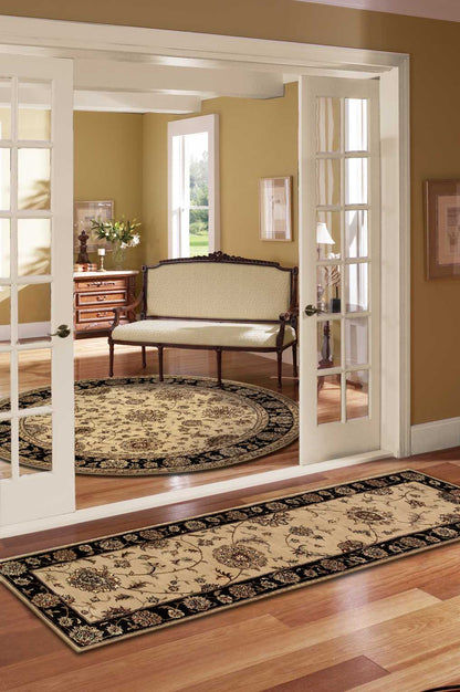 Traditional 2' x 3' black-beige ornate rug and hallway runner.