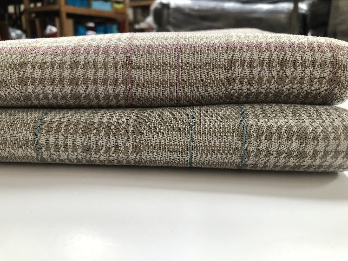 Beige/Pink Or Beige/Blue Houndstooth Plaid Stretchy Fabric