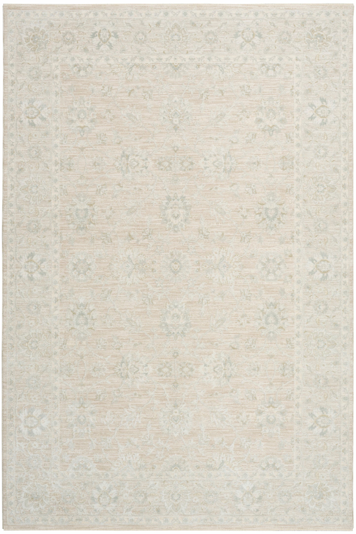Cream beige area rug with pale floral motifs and a distressed vintage look; soft neutral tones for living room