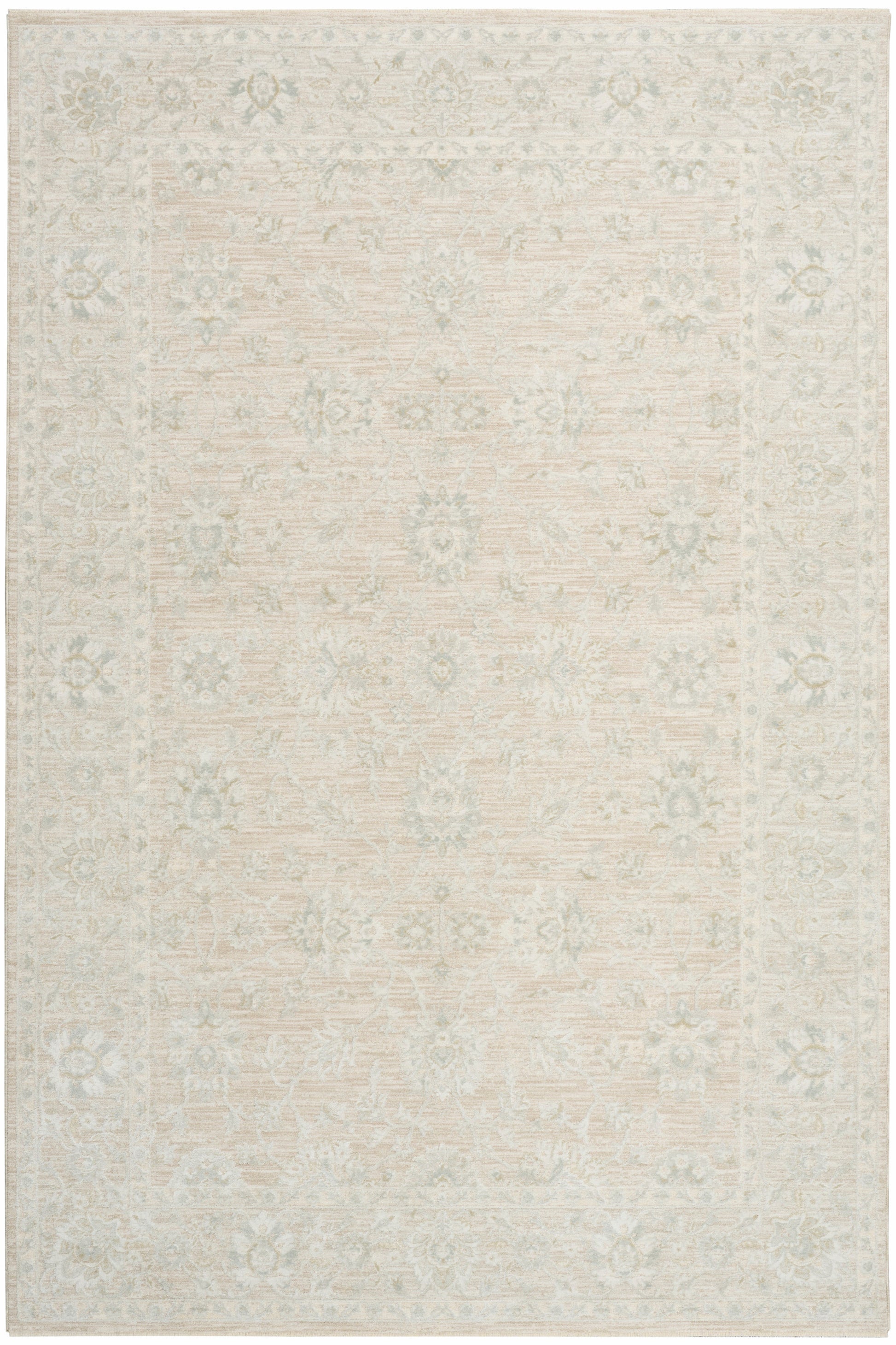 Cream beige area rug with pale floral motifs and a distressed vintage look; soft neutral tones for living room