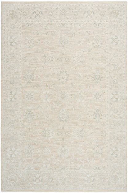 Cream beige area rug with pale floral motifs and a distressed vintage look; soft neutral tones for living room