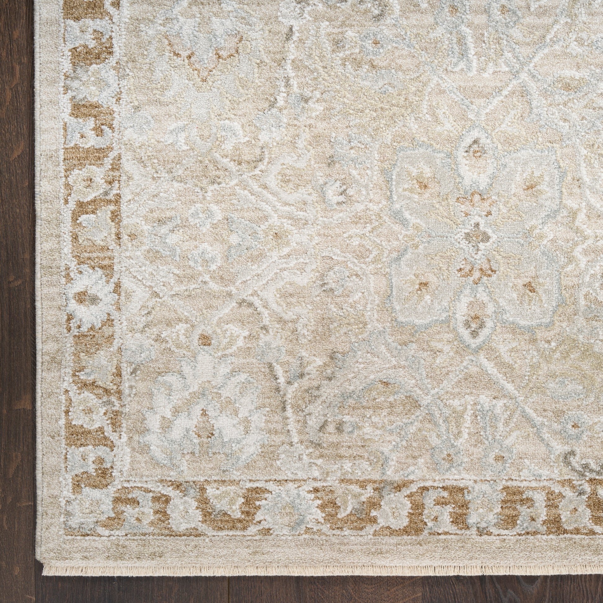 Beige ivory patterned area rug with floral motifs and fringed border on dark wood floor.