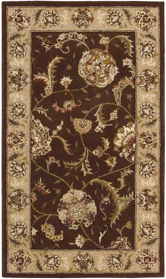 Rectangular oriental rug with a dark brown center, cream border, & gold floral vines in red & beige.