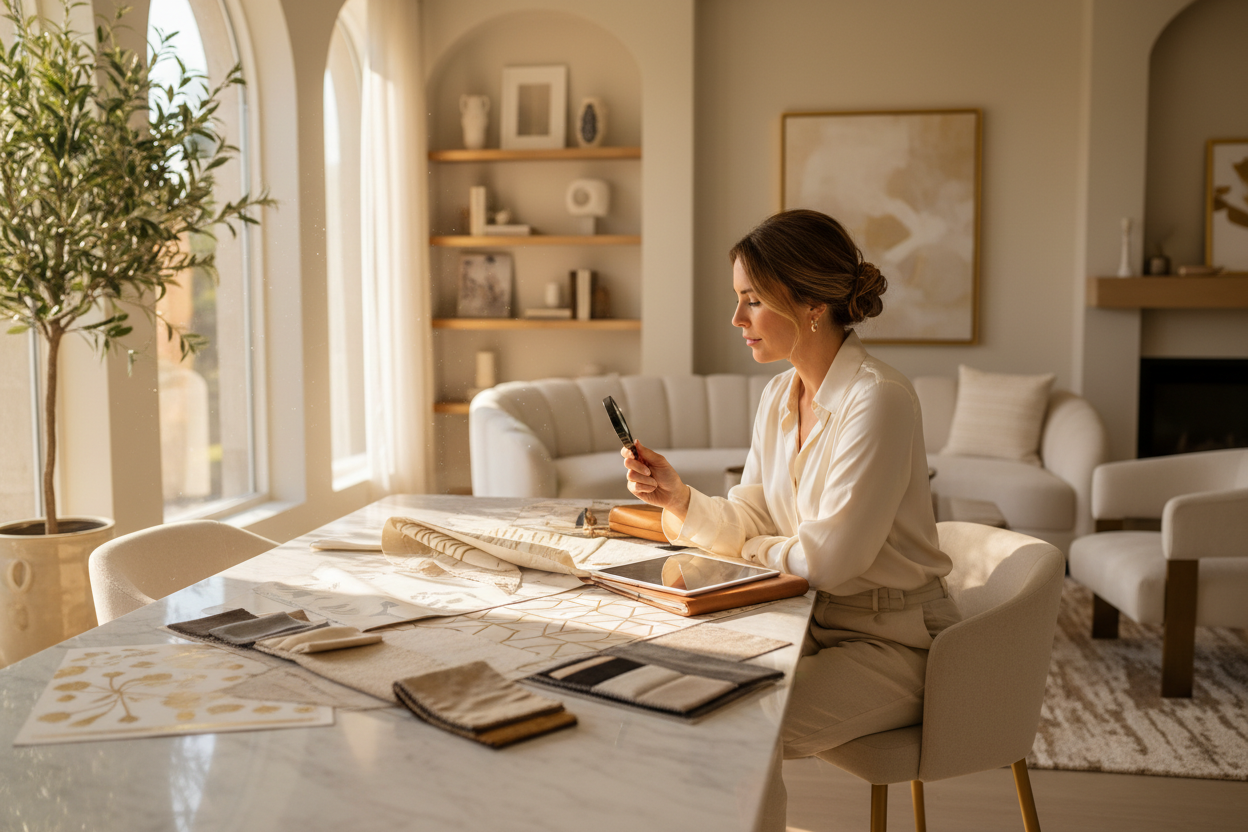 A woman in a cream blouse sits at a marble table in a bright, modern living room, holding a tablet and looking at a notebook. Papers and fabric swatches are spread on the table, with a sofa, shelving, and large windows in the background.