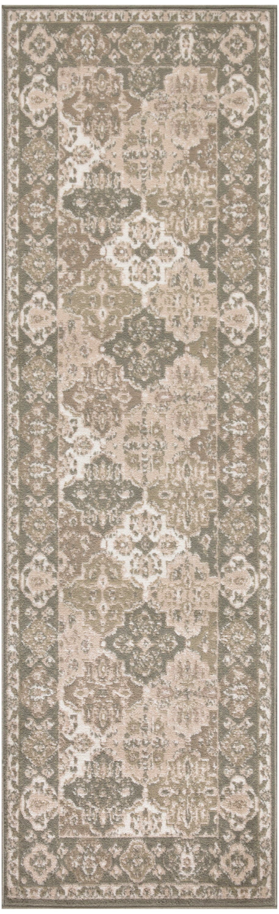 Vintage-style distressed Persian runner rug in taupe, beige and ivory with ornate floral medallion and border.