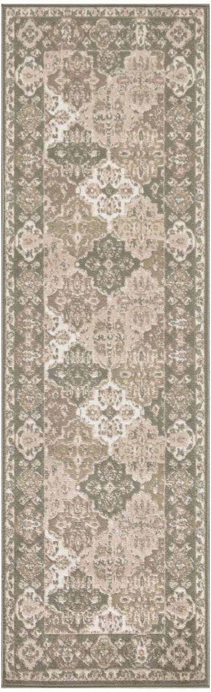 Vintage-style distressed Persian runner rug in taupe, beige and ivory with ornate floral medallion and border.