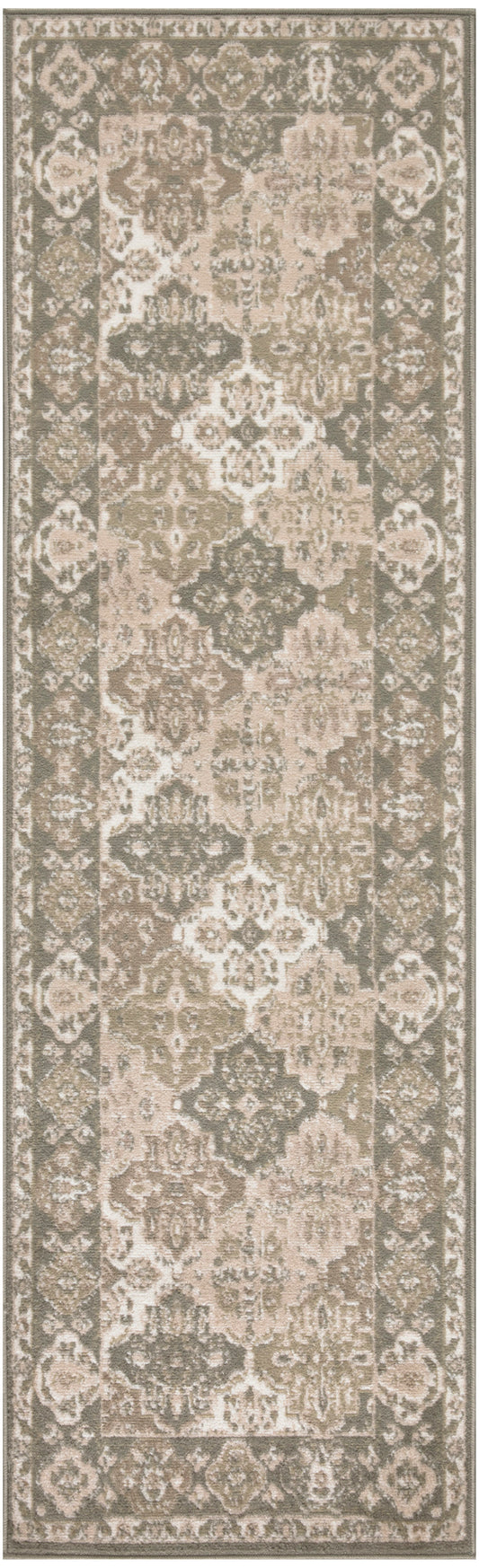 Vintage-style distressed Persian runner rug in taupe, beige and ivory with ornate floral medallion and border.
