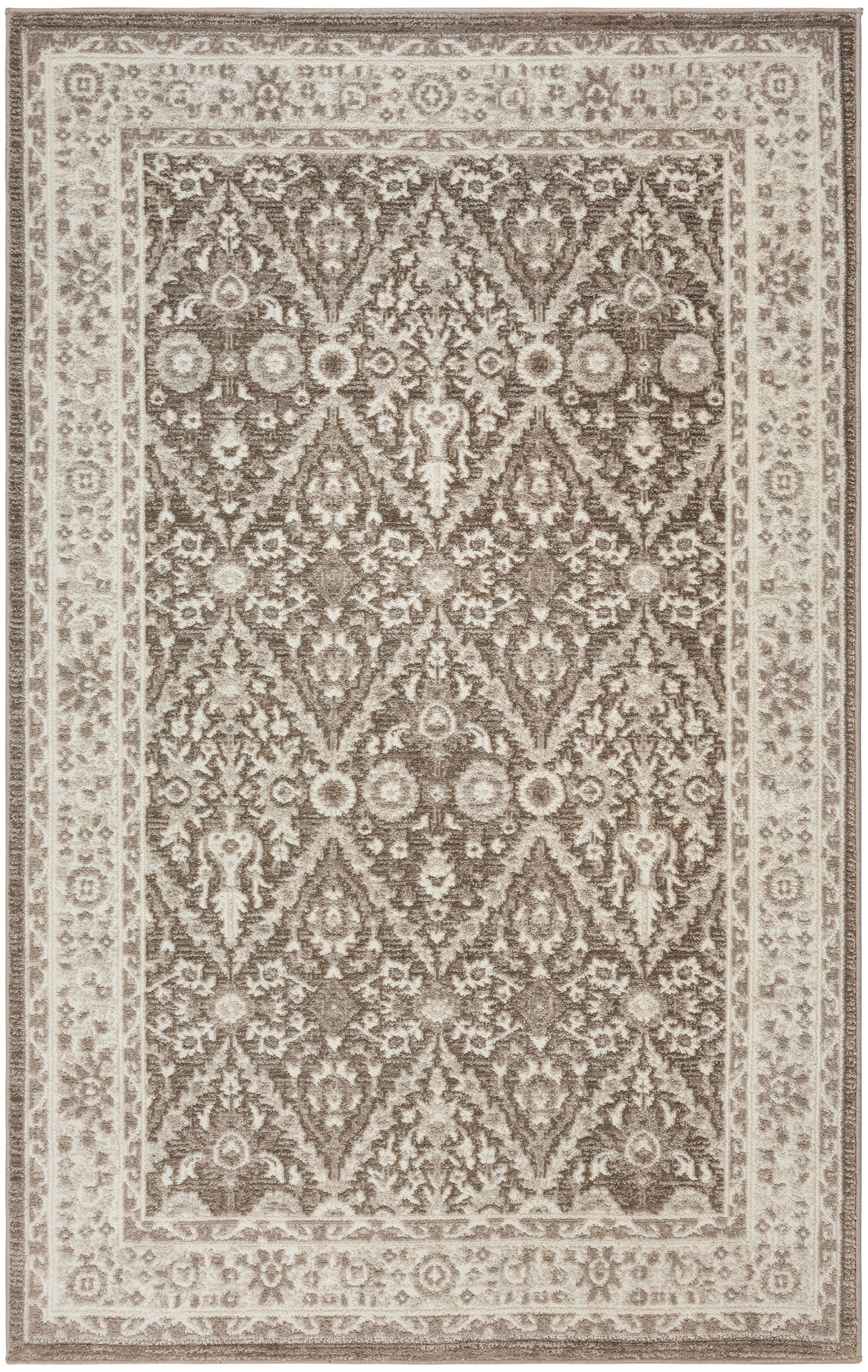 Brown and ivory oriental rug featuring a diamond lattice pattern and ornate floral border.