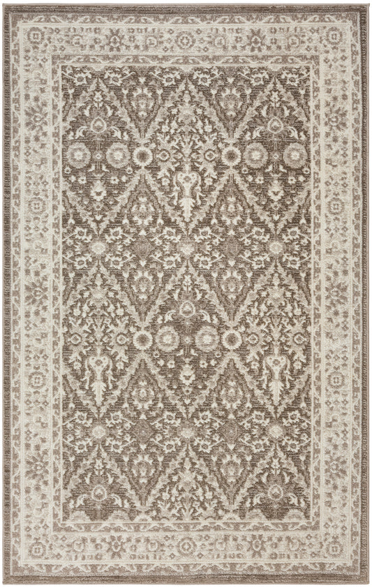 Brown and ivory oriental rug featuring a diamond lattice pattern and ornate floral border.