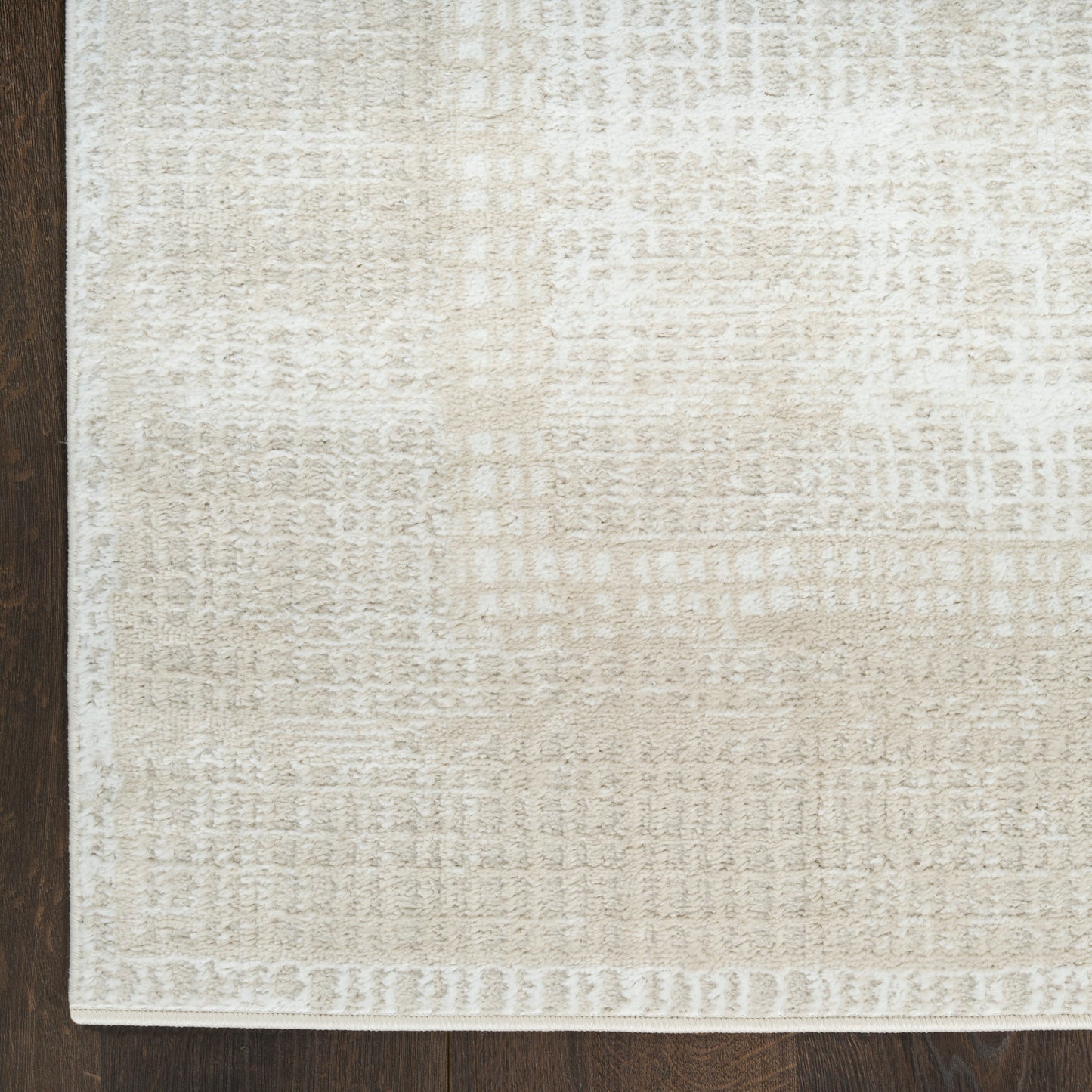 Rectangular beige area rug with a subtle geometric texture and a lighter cream border, shown on dark wood flooring.